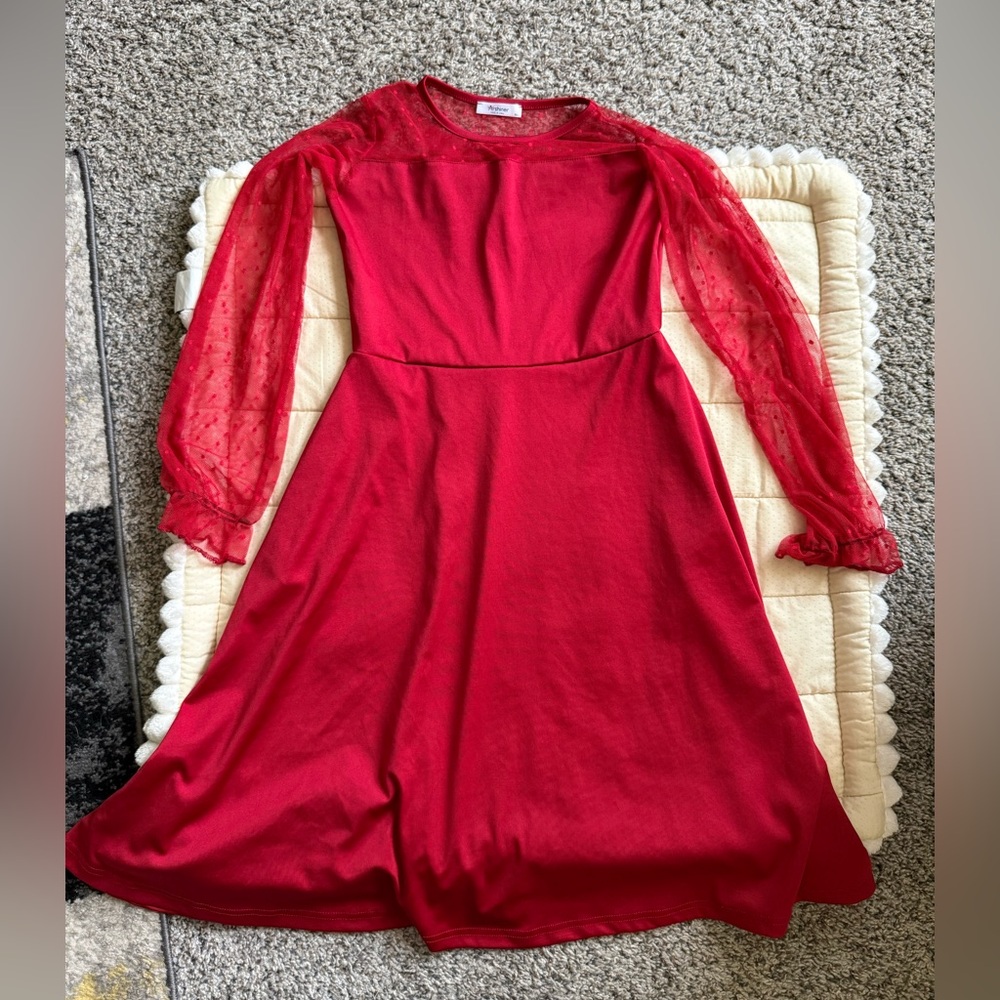 Elegant Red Dress with Sheer Sleeves for Christmas for Valentine’s Day